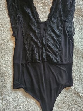 Red Black Lace-Trim V-Neck Bodysuit